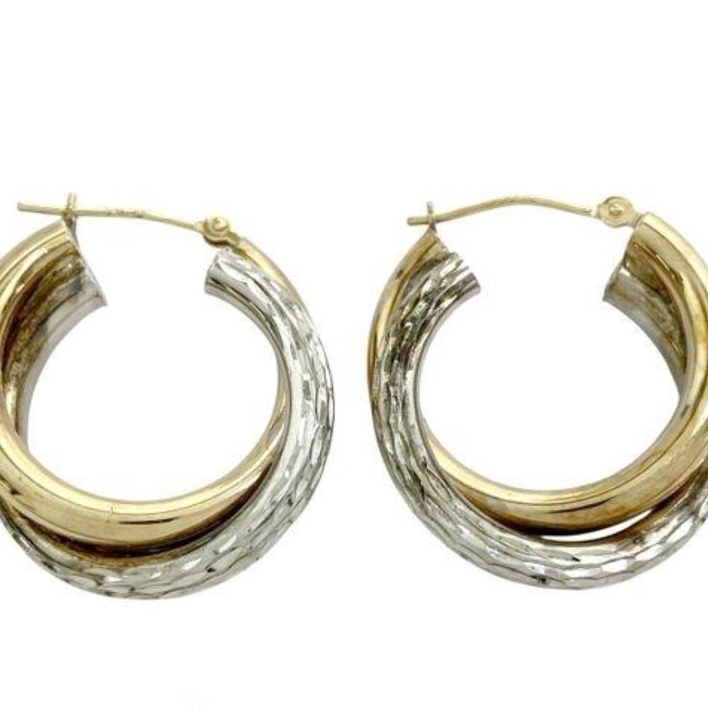 14K Gold & Sterling Silver Dual Finish Double Hoop Earrings 3.7 Grams